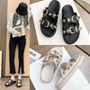 Fashion Thick Flat Sandals Summer New Round Head Set Foot Rivets Metal Buckle Waterproof Table Anti-slip Wear-resistant Slippers