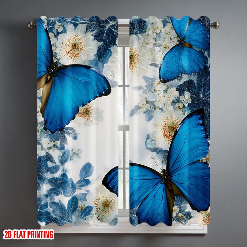 2D flat printing 2pcs Window Treatment Curtains Blue Butterflies White Flowers Digital Printed Polyester Drapes Festive Wall