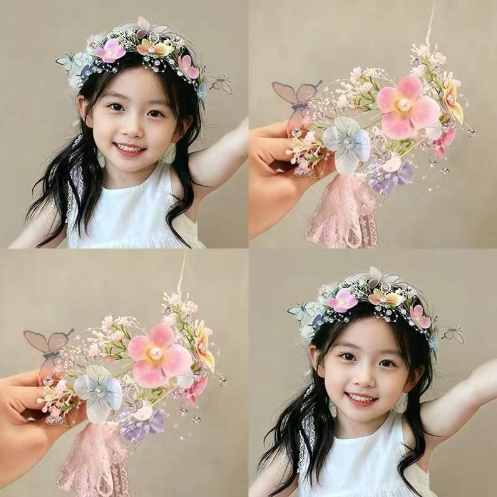 Rhinestone Decor Flower Butterfly Headband Pink Tulle Pearl Headband Tulle Hair Accessory Kids