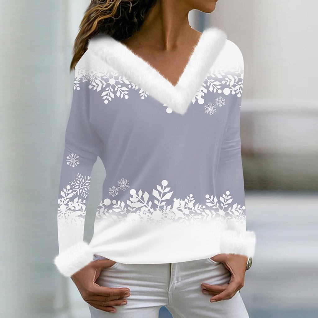 Женская мода повседневная плюшевая кофта с длинным рукавом и V-образным вырезом с рождественским принтом