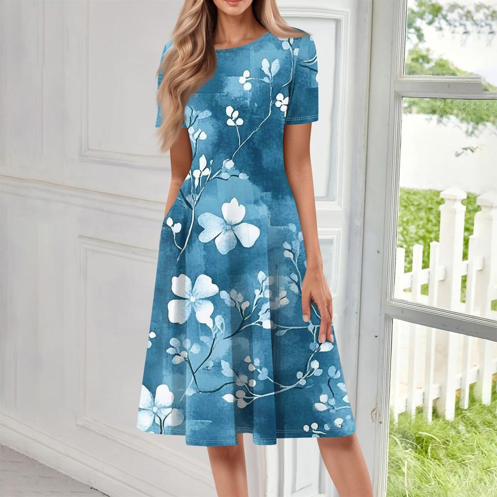 Женское свободное повседневное и модное платье с круглым вырезом и короткими рукавами, средней длины с принтом