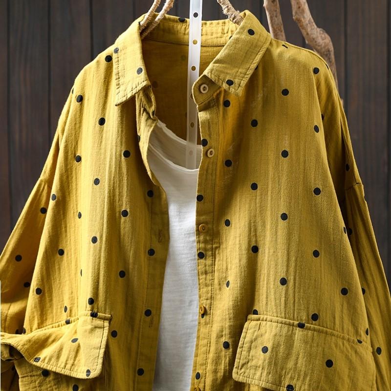 Johnature Женские рубашки в горошек, топы, блузки с отложным воротником, весенние пуговицы, длинные рукава, карманы, женские рубашки