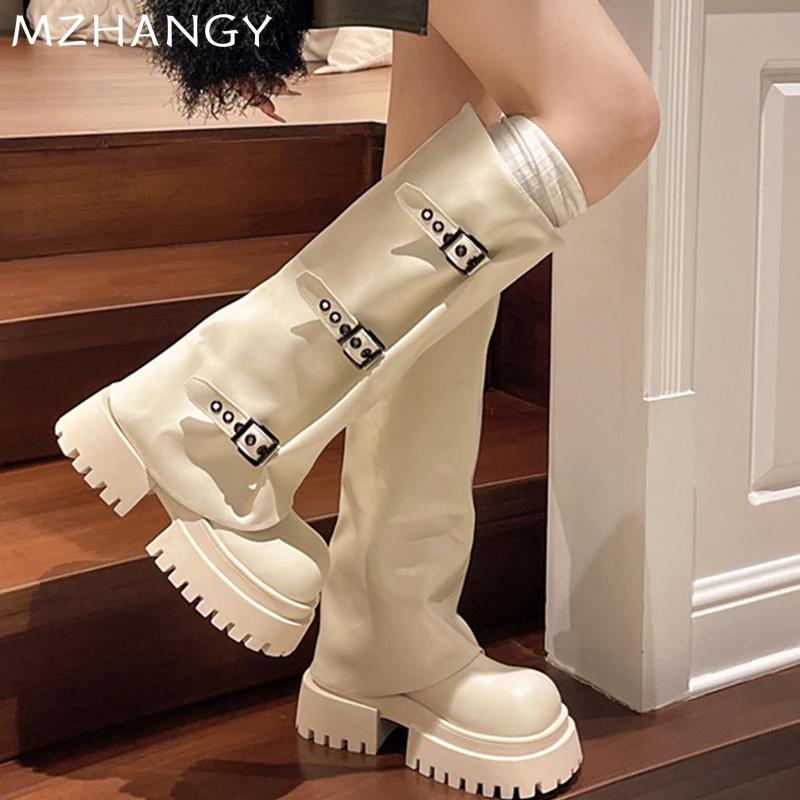 Женские высокие сапоги на платформе, кожаные туфли на плоской подошве, высокие сапоги до колена, женская тенденция 2025 года, зимние модные дизайнерские готические мотоциклетные сапоги Mujer
