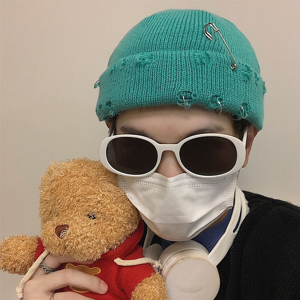 Casual Distressed Hole Female O-Ring Winter With Pins Knitted Hat Beanie Hat Warm Cap Solid Color