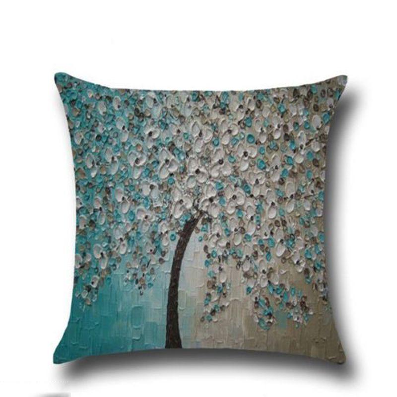 Elegant 3d Painted Tree Flowers Cotton Linen Cushion Cover For Home Decor