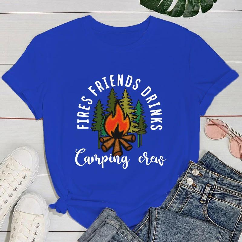 (Премиум-футболка)Женские модные футболки с принтом 'Костры, друзья, напитки, кемпинг', летние повседневные свободные с круглым вырезом