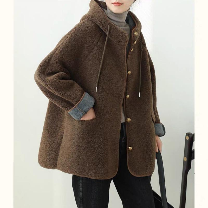 Женские свободные куртки с капюшоном из овечьей шерсти, повседневные однобортные толстые пальто, зимнее теплое пальто с длинным рукавом из гранулированного бархата