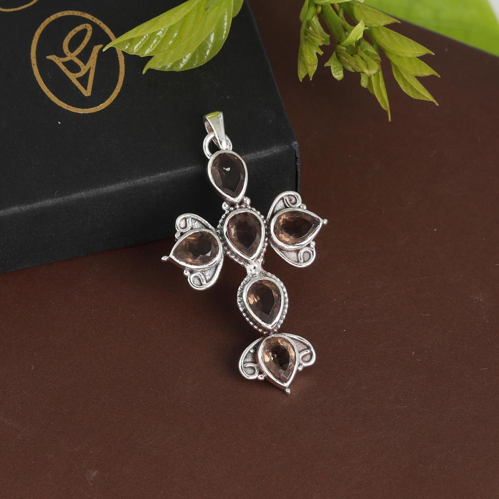Smokey Quartz Silver Pendant, Cross Pendant, 925 Sterling Silver Handmade Jewelry, Silver Pendant, Spiritual Jewelry Ap7122