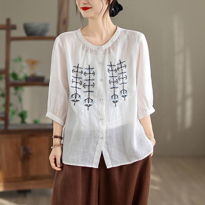 2025 лето новый большой размер тяжелая промышленность вышитая хлопково-льняная рубашка женственность воротник-стойка рубашка вышитый тонкий топ лето