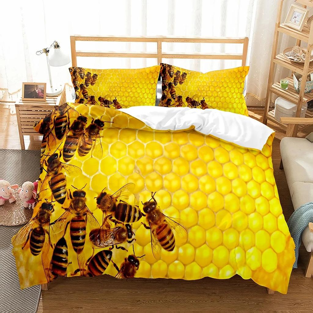 Yellow Bee Duvet Cover Set Cartoon Wild Animals Pattern Quilt Cover With Pillowcase Lightweight Soft Gift King Queen Full Size