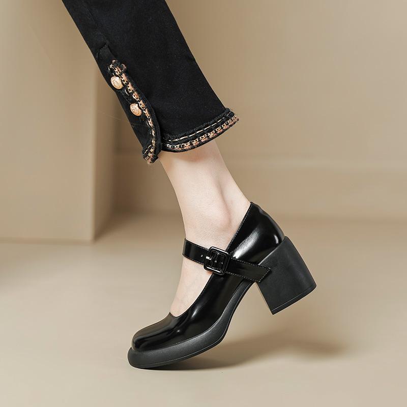 Туфли-лодочки на высоком каблуке кремового цвета, лолита, толстый каблук, круглый носок, мягкая подошва, с ремешком и квадратной пряжкой, для маленькой девочки, для сочетания