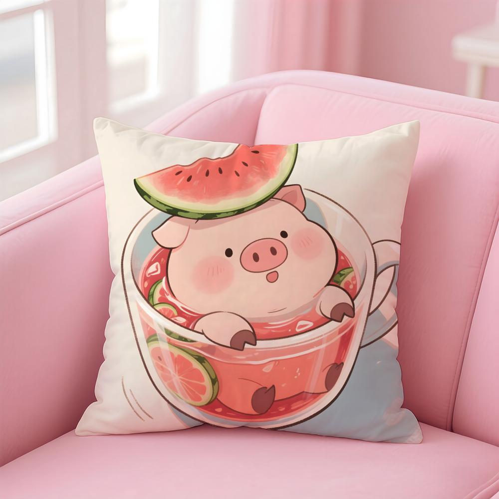 Cute Pig Summer Surprise Cushion Cover Linen Pillowcase Cover Soft Decor for Sofa Home Room