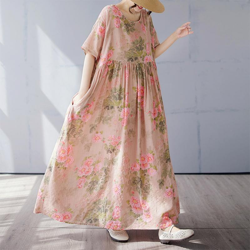 Dimanaf 2025 Летнее платье больших размеров для женщин, винтажное, длинное, повседневное, свободное, с круглым вырезом, базовое платье с цветочным принтом, макси