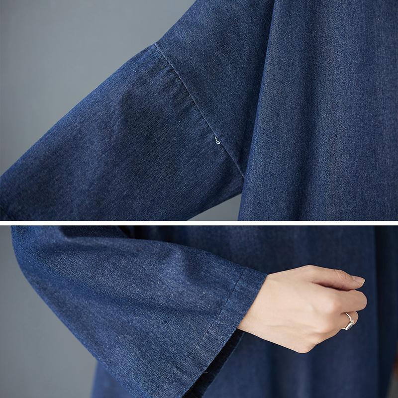 Dimanaf 2025 Women Plus Size Dress Solid Fashion Casual Denim Basic Long Dress Cotton Vintage Loose Blue Clothing