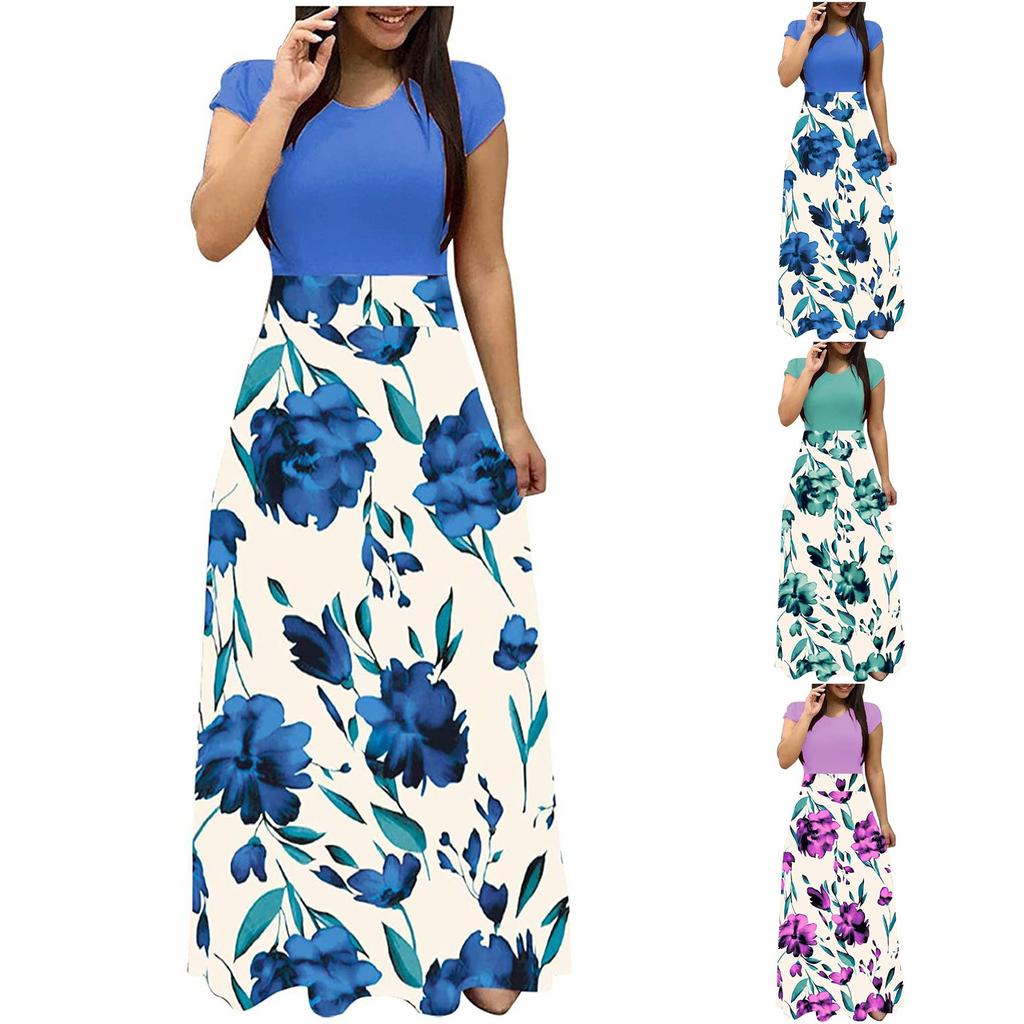 Женская мода повседневный принт с круглым вырезом и короткими рукавами, длинные платья большого размера
