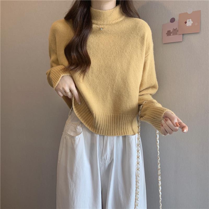 Корейский однотонный свитер с полувысокой горловиной для женщин, короткий модный повседневный трикотаж с однотонным пуловером внутри для осени и зимы