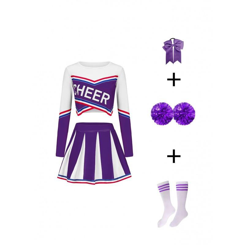 2-Piece Cheerleading Outfit Adult Women College Sports Meet Performance Costume Long Sleeve With Accessories