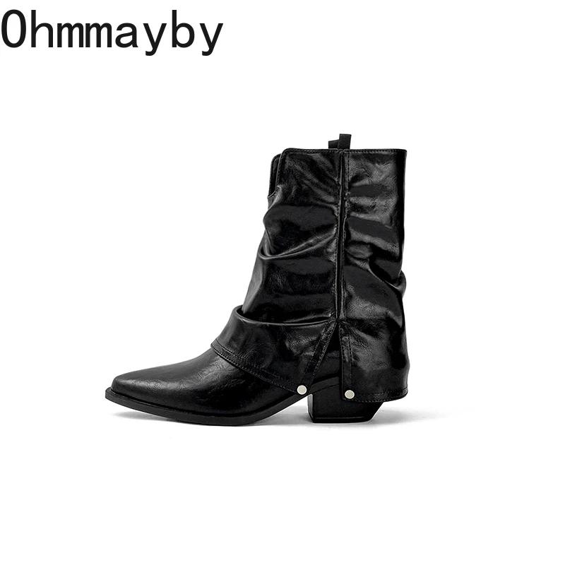 Модные женские ковбойские сапоги в стиле вестерн, модные короткие ботильоны с острым носком, элегантные женские туфли на толстом каблуке, зимняя удобная женская обувь