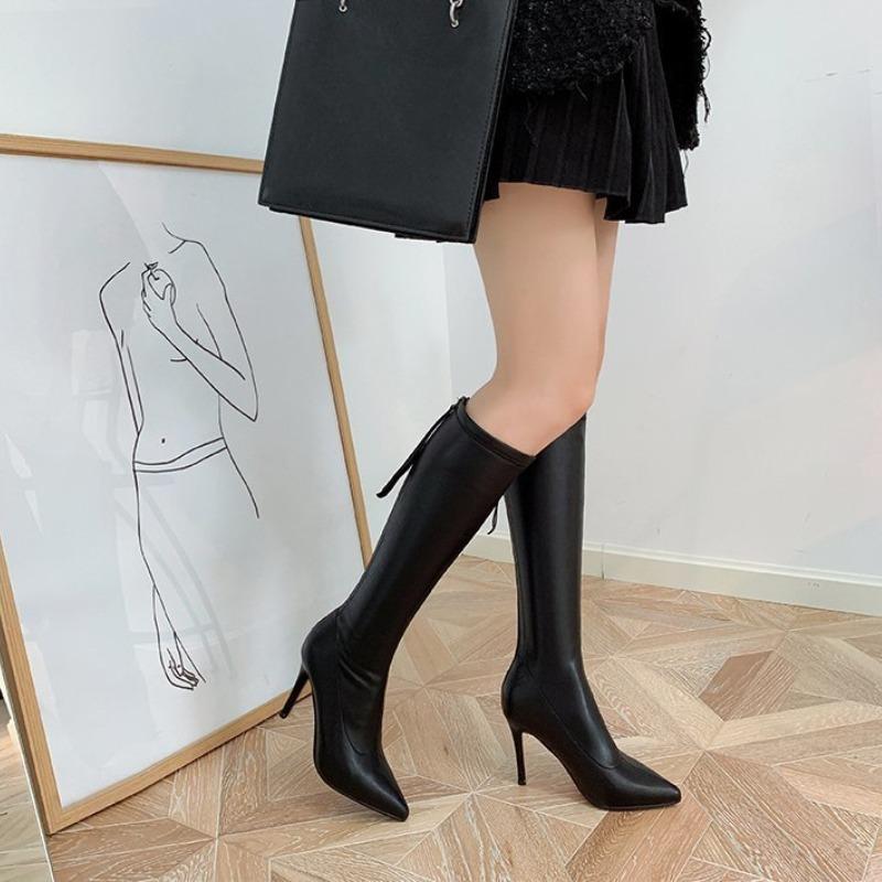 Fashion Women Boots Autumn and Winter New Fashion Designer Pointed Toe Stiletto Heels Black Leather Women Sexy Velvet High Knee Boots
