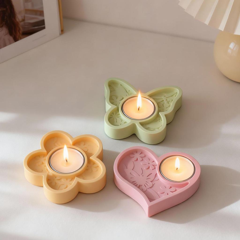 3 Pieces Butterfly Flower Heart Shape Silicone Mold Candlestick Epoxy Resin Molds Spring Decoration Handmade Candle Holder Mold