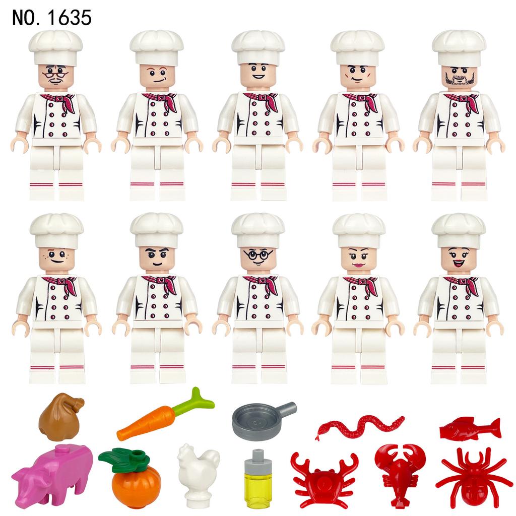 M1635 Chef Building Block Figurine Restaurant Kitchen Cooking Scene Simulation Food Play House Toys