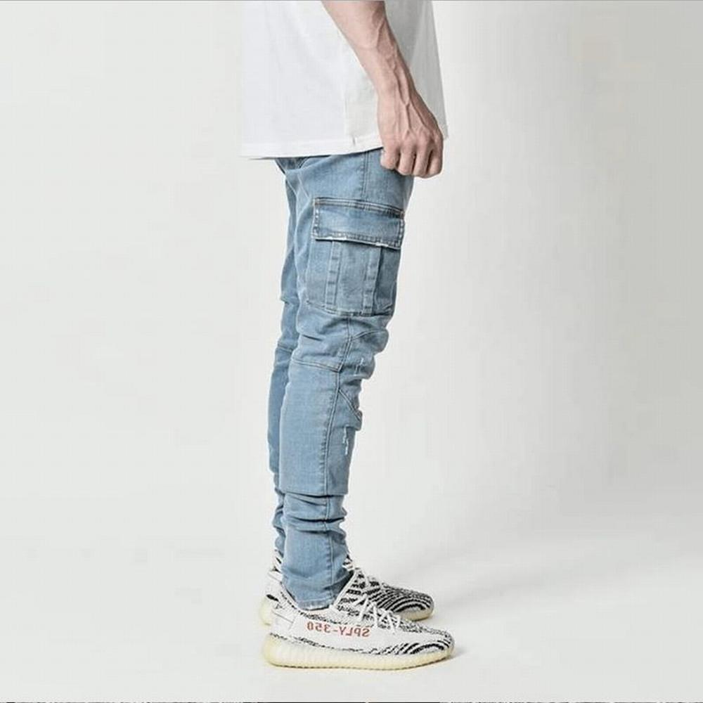 RogueWave Street Elastic Jeans Men Denim Cargo Pants Wash Solid Color Multi Pockets Casual Mid Waist Trousers Slim Fit Daily Wear Joggers
