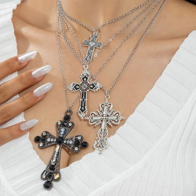 Готическое полое ожерелье-подвеска с крестом, инкрустированным бриллиантами, набор Y2K, персонализированное ожерелье из шипов и любви с черными бусинами
