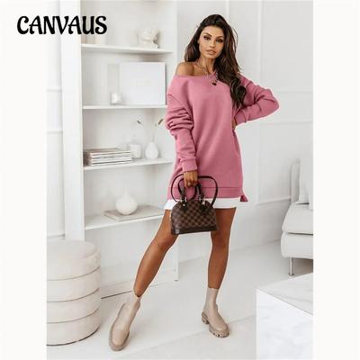 Женские однотонные платья-свитшоты миди с круглым вырезом в стиле хипстер из хлопка