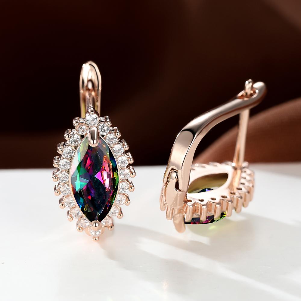 1 Pair Rose Gold Color Marquise Cut Multicolor Birthstone Drop Dangle Hook Earrings White Red Blue Green Stone Horse Eye Claw Earrings Jewelry