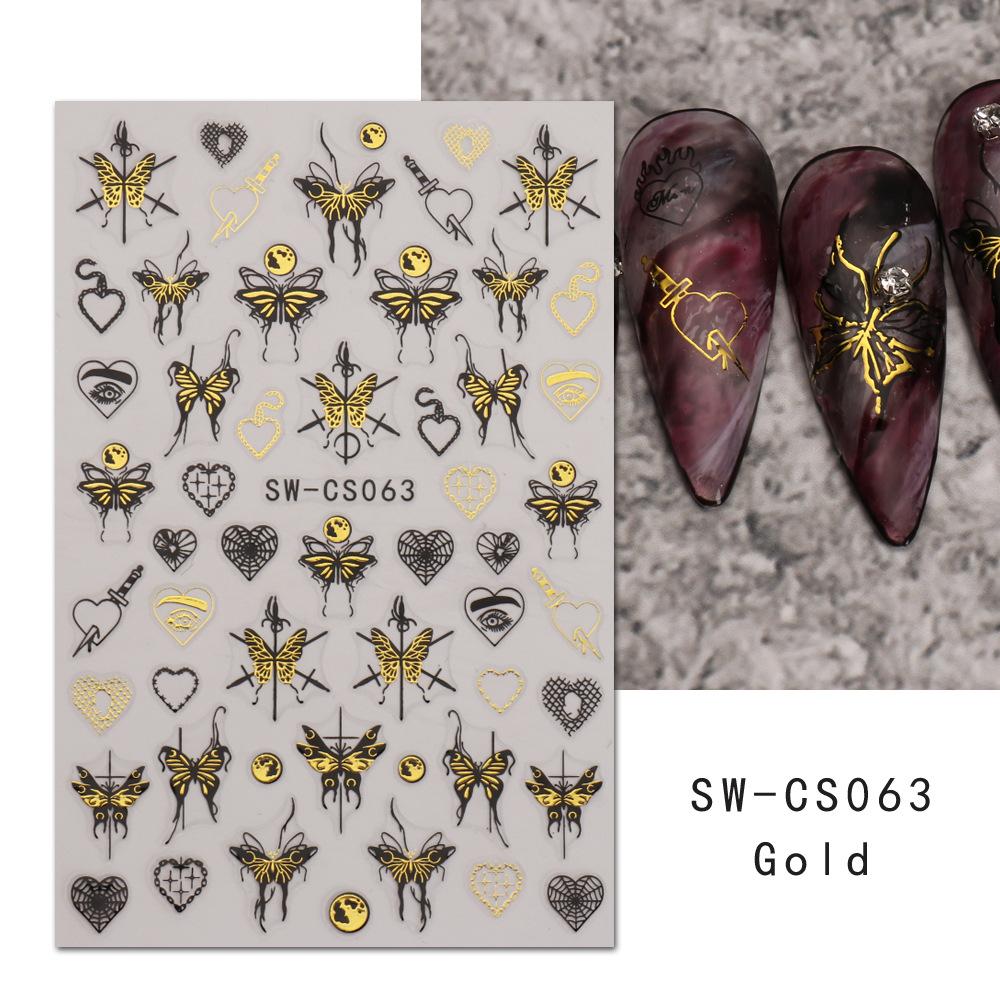 1 шт., металлические, серебристые, черные наклейки для ногтей, 3D темный стиль, очаровательный слайдер, чернила, бабочка, луна, сердце, замок, меч, фольга, маникюрные насадки, декор