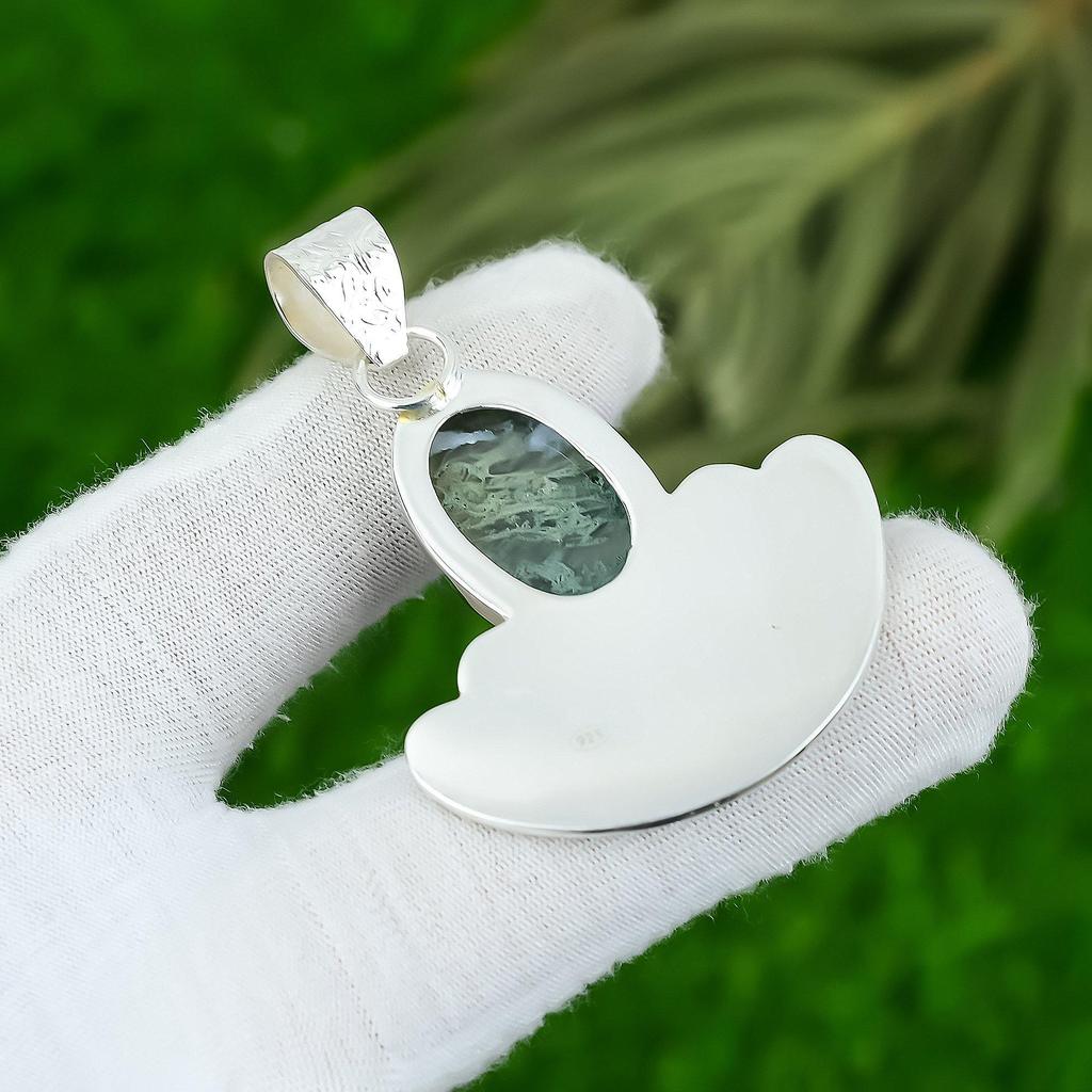 925 Sterling Silver Oval Solar Moss Agate Gemstone Bezel Sister Art Deco Pendant