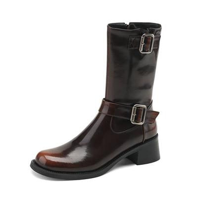 Зимние сапоги в стиле вестерн из коровьей кожи с круглым носком на толстом среднем каблуке, сапоги до середины икры на молнии с градиентом цвета в стиле ретро с металлической пряжкой