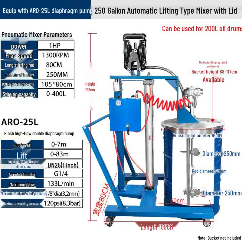 Portable 250 Gallon Automatic Lifting Pneumatic Diaphragm Pump and Mixer