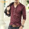 Men Solid Color Casual V Neck Thin Buttons T-shirt