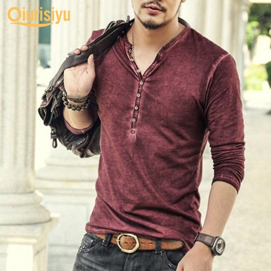 Men Solid Color Casual V Neck Thin Buttons T-shirt