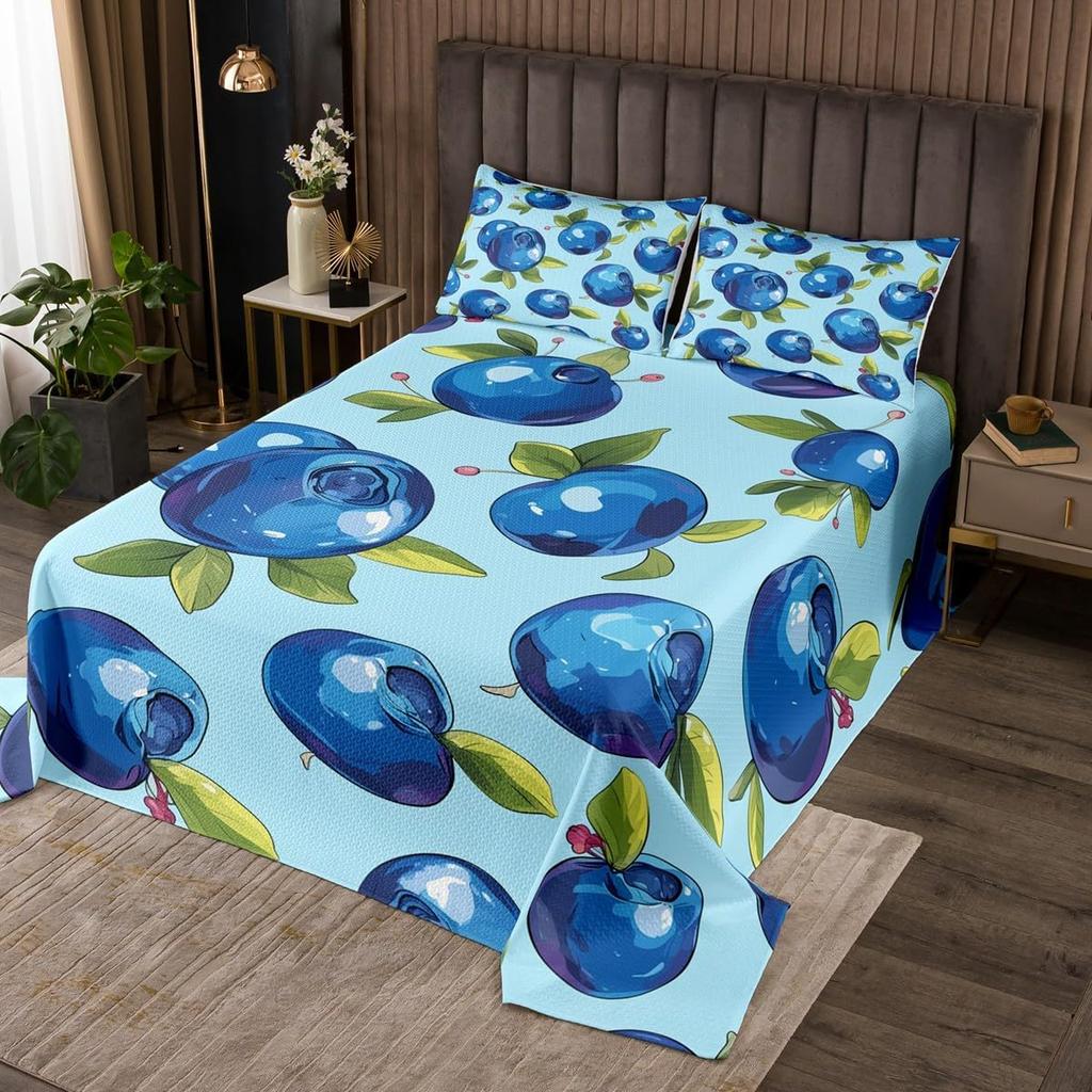 Cartoon Blueberry Bedspread Summer Tropical Fruit Quilted Coverlet Watercolor Botanical Leaves Flower Bedding Set for Teen Adult