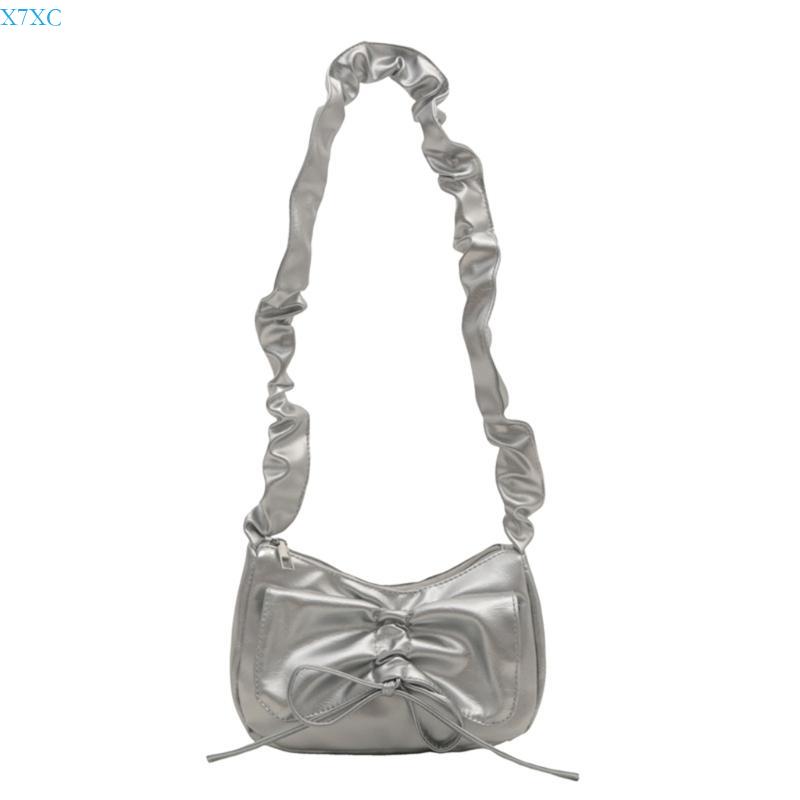 X7XC Trendy Pleated Bowknot PU Leather Shoulder Handbag Elegant Zippered Ruched Underarm Bag Purse for Students and Women