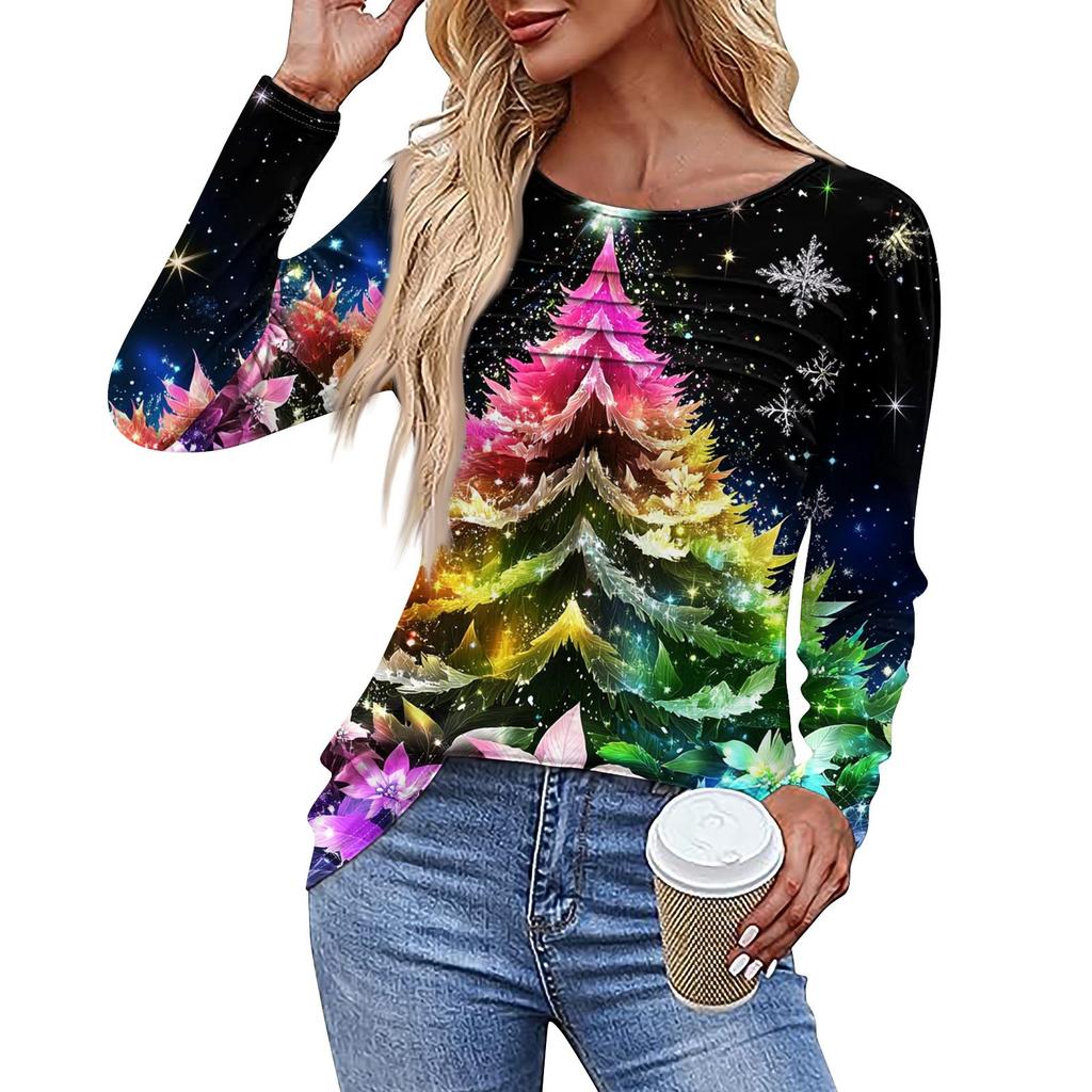 Женская повседневная модная футболка с круглым вырезом и длинными складками на Рождество