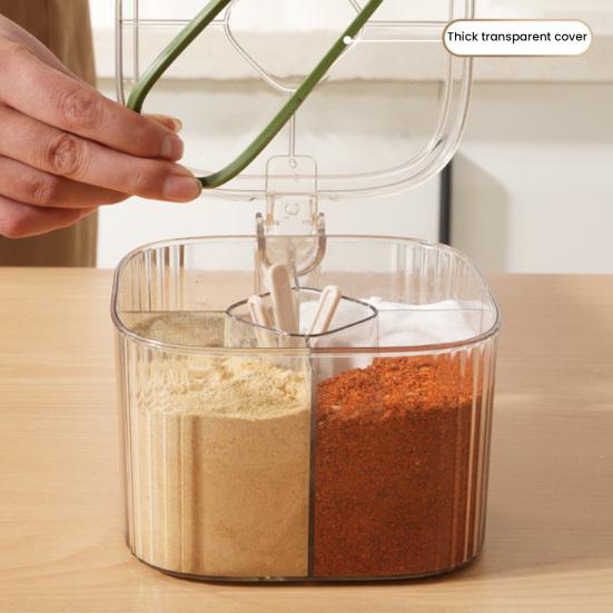 Kitchen Seasoning Jar with Spoon Slot Multi-Compartment Salt Pepper Organizer Transparent Seasoning Box