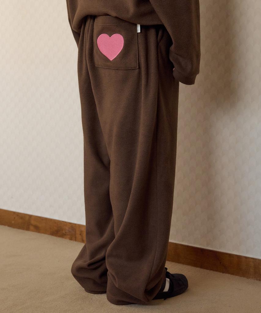 AMBLER Love, Cozy Embroidered Fleece Wide Sweatpants Ap906 (Brown)