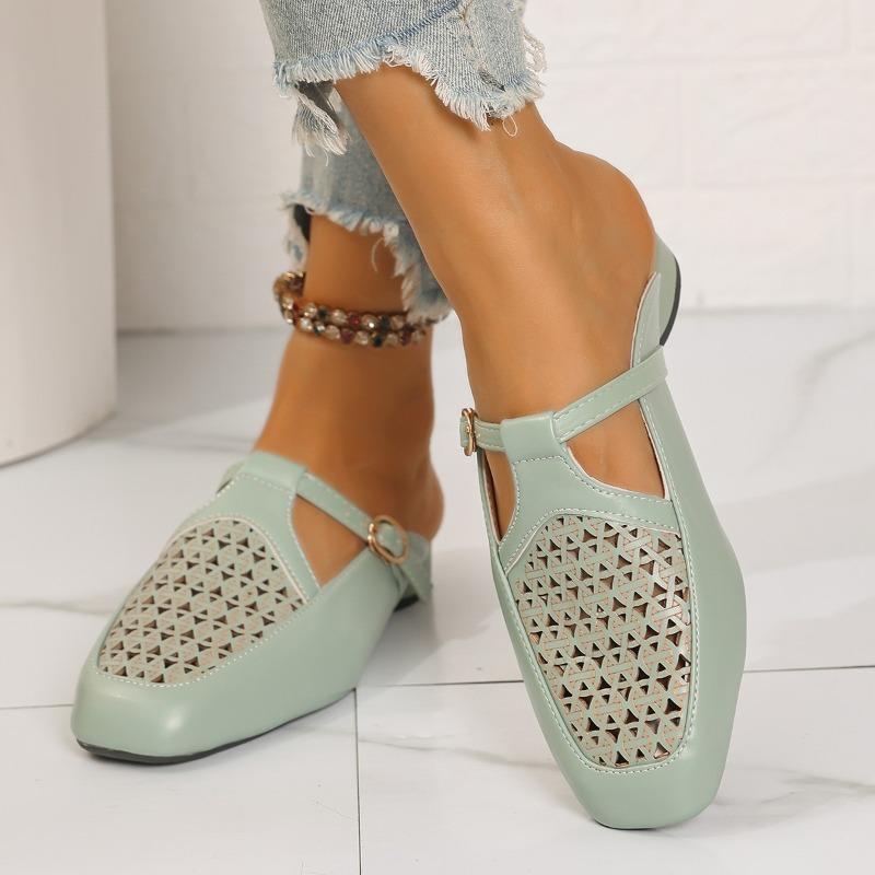 Женские сандалии-мюли с закрытым носком, с вырезами, на плоской подошве, с пряжкой, мягкой подошвой, нескользящие, летние, легкие, удобные, на платформе, пляжная обувь