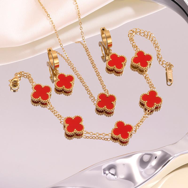 3PCS Fashion Titanium Steel Four-leaf Clover Double-sided Shell Necklace Bracelet Ear Buckle Non-fading Jewelry Set