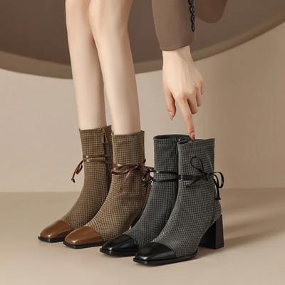 2024 Новые сетчатые женские ботинки с острым носком, ботильоны для женщин, зимние офисные туфли на молнии на каблуках, модные женские туфли со шнуровкой и бантом для вечеринок