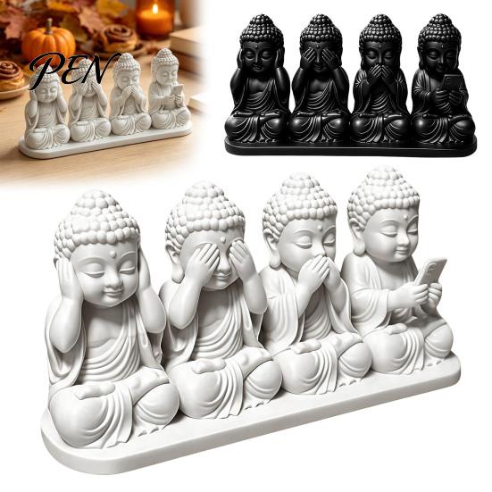 Аксессуары для комнаты медитации 4-в-1 Мини-статуэтка Будды, Не видь, не слышь, не говори зла и Держатель для телефона, 3D-печатная игрушка-антистресс для стола, Монх Дзен, Фэншуй-украшение