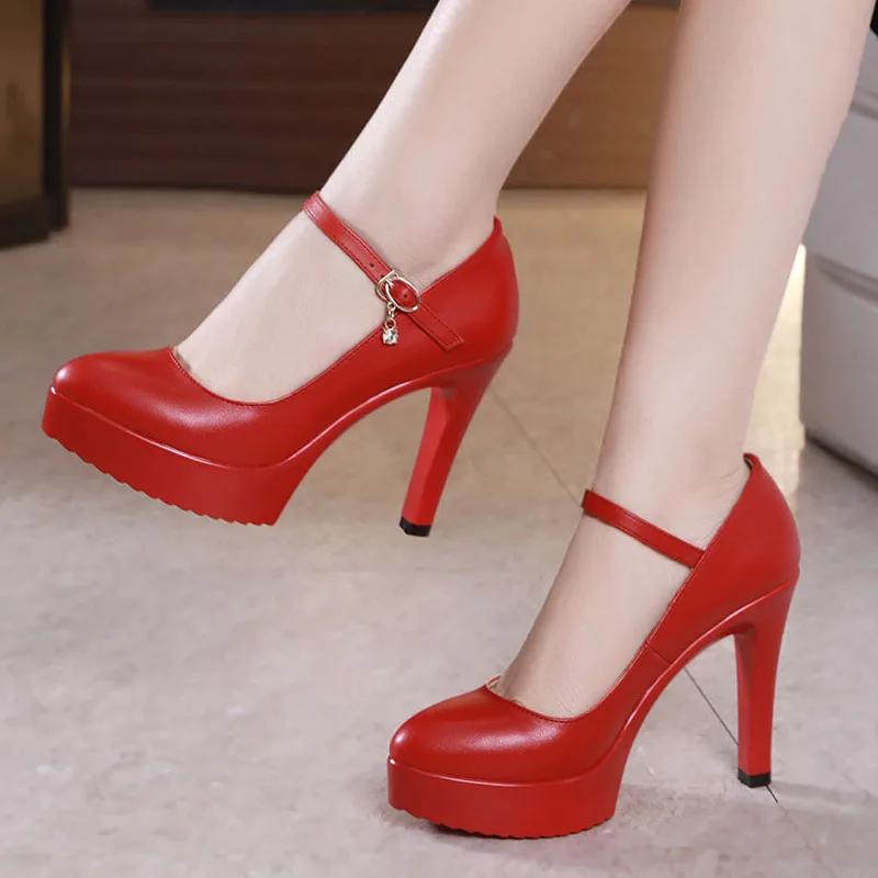 Маленький размер 32-43 Элегантные туфли-лодочки красного и белого цвета для свадьбы, туфли на платформе для женщин 2025, туфли на высоком блочном каблуке для модели, для вечеринки