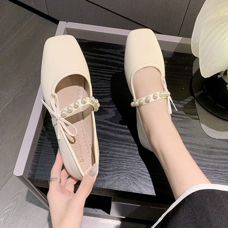 Fashion Mary Jane Women's Shoes 2025 Summer New Korean Version Fashion Shallow Mouth Flat Style Pearl Soft Bottom Small Pu Leather Shoes