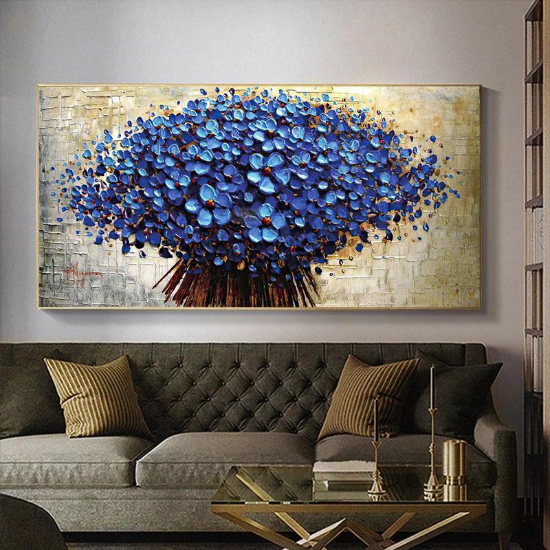 Nordic Abstract Blue Flowers Oil Painting On Canvas Wall Art Posters Prints Wall Pictures for Living Room Home Cuadros Decor