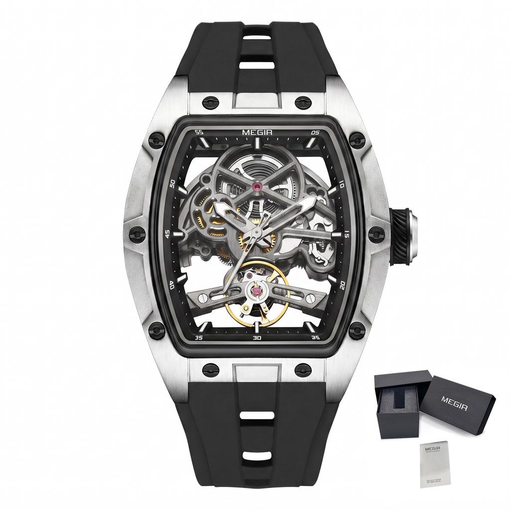 MEGIR Luxury Brand Sport Watch for Men Silicone Mechanical Watches Hollow Full Automatic Movement Luminous Wristwatch Clock 2242