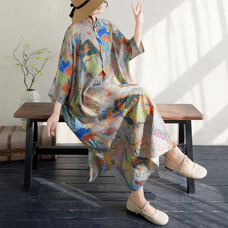 Dimanaf 2025 Summer Women Plus Size Dress Vintage Printing Buttons Casual Loose Long Dress New Oversized
