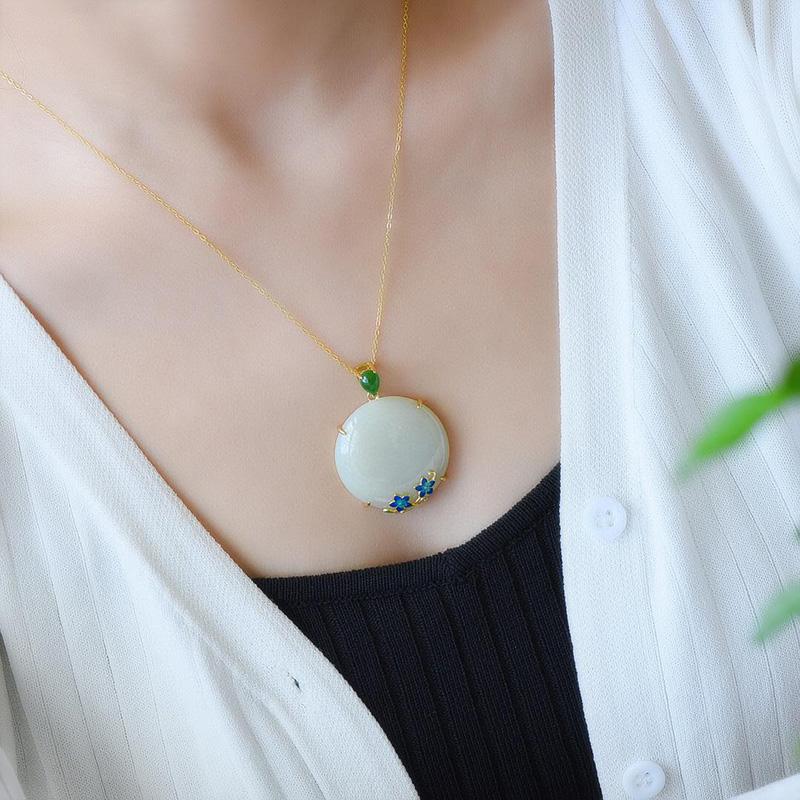 New Natural Hetian Jade Flower Enamel Porcelain Round Pendant Women's Necklace Exquisite Chinese Charm  Jewelry